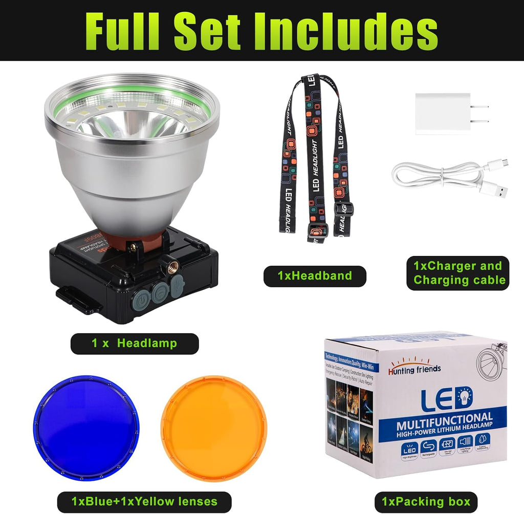 Rechargeable LED Headlamp with Flood and Spot Beam, Power Display, 4 Lighting Modes, Yellow/Blue Filter Lens, High Lumen Outdoor Waterproof Head Torch for Fishing, Hunting, Hiking, Outdoor Activities
