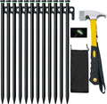 12 Pack Tent Stake with Hammer, 16in Heavy Duty Tent Stakes + 10in Camping Hammer+Storage Pouch, Forged Steel Tent Stakes for Camping Used on Rocks(12 Pack 16in Stakes+Hammer