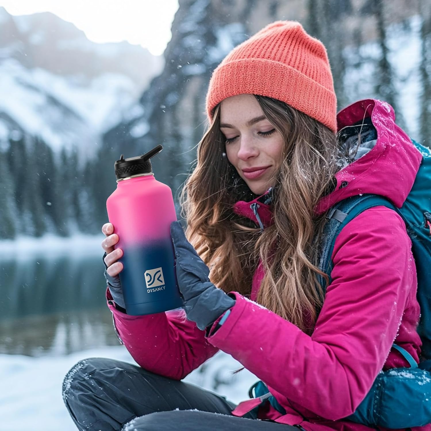 DYSANKY Insulated Water Bottle w/Straw Lid & Portable Carrier Bag, 64oz