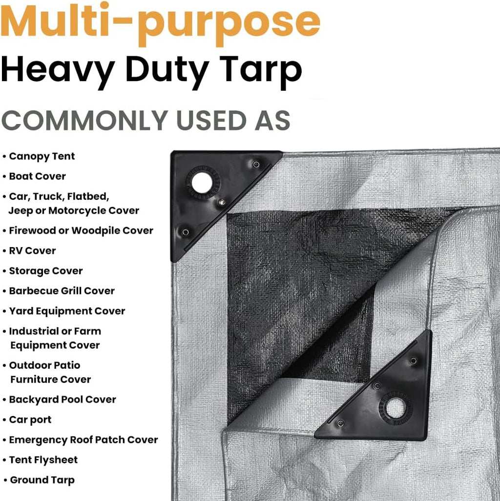 WHITEDUCK Super Heavy Duty Poly Tarp Cover 16 Mil with Grommets and Reinforced Edges (Silver Black- 16 Mil, 10' x 10')