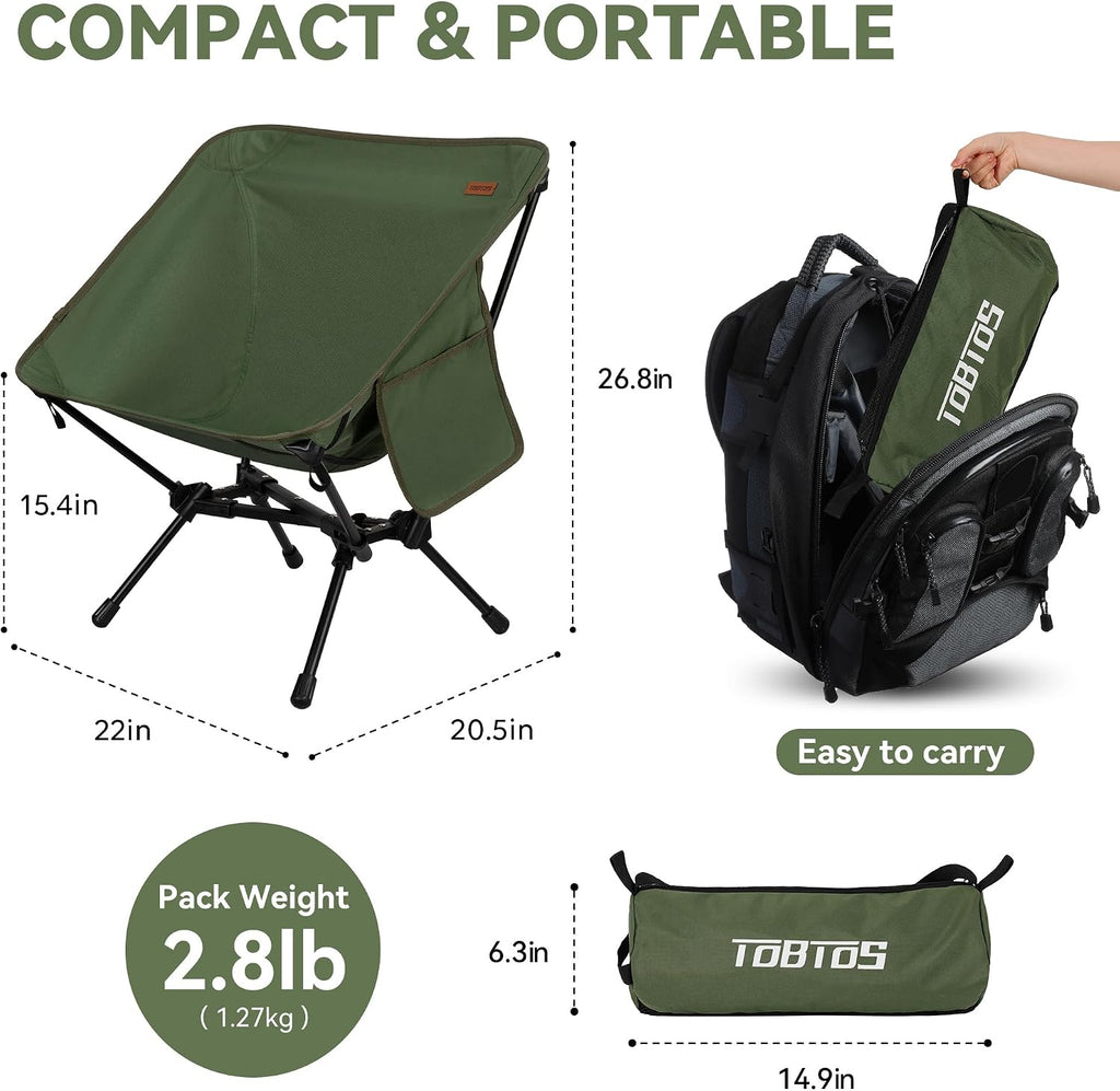 TOBTOS Ultralight Camping Chair, Portable Folding Chair Support 330 lbs, Compact Backpacking Chair with Carry Bag for Hiking Travel (Green)