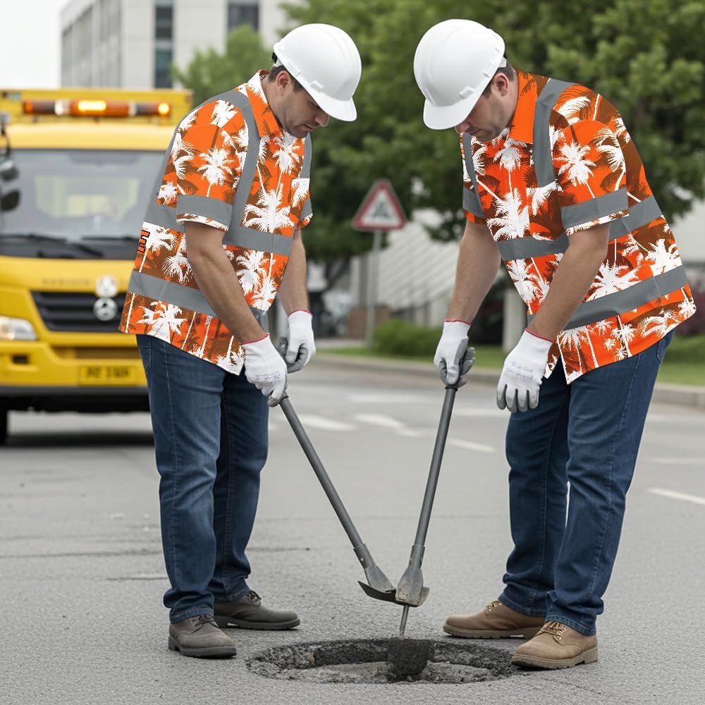 High Visibility Hawaiian Shirt for Men Tropical Shirts Custom Name Floral Outfit Reflective Safety Workwear