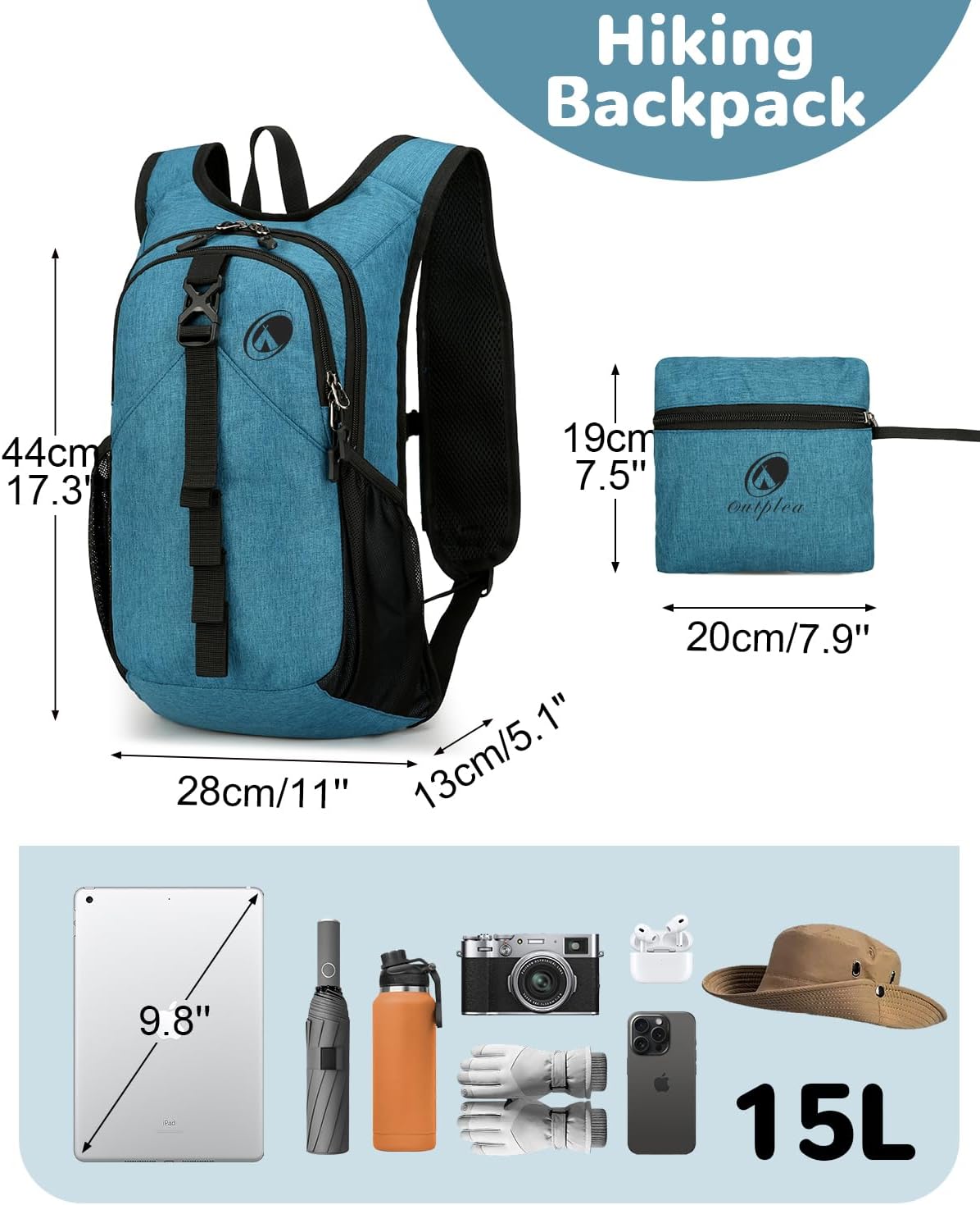 Folding Hiking Backpack with Phone Pocket for Men Women, Small Ultralight Packable Casual Daypack with Shoulder Chest Straps for Travel, 15L Foldable Lightweight Day Pack, Blue
