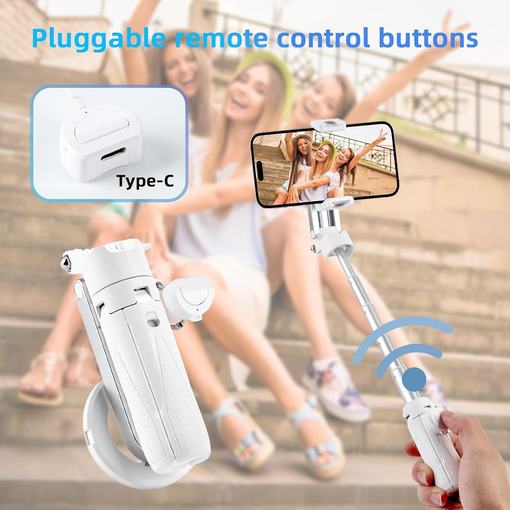 MQOUNY for Magsafe Tripod Stand for iPhone,Portable Pocket Size Selfie Stick with Rechargeable Remote and Metal Ring,Extendable Detachable Cell Phone Tripod Compatible with iPhone/Android (White)