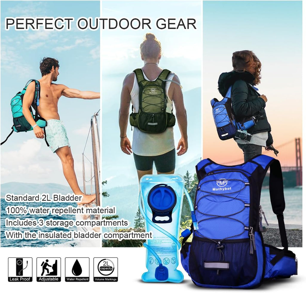 Mothybot Hydration Pack, Insulated Hydration Backpack with 2L BPA Free Water Bladder and Storage, Hiking Backpack for Men, Women, Kids for Running, Cycling, Camping - Keep Liquid Cool up to 5 Hours