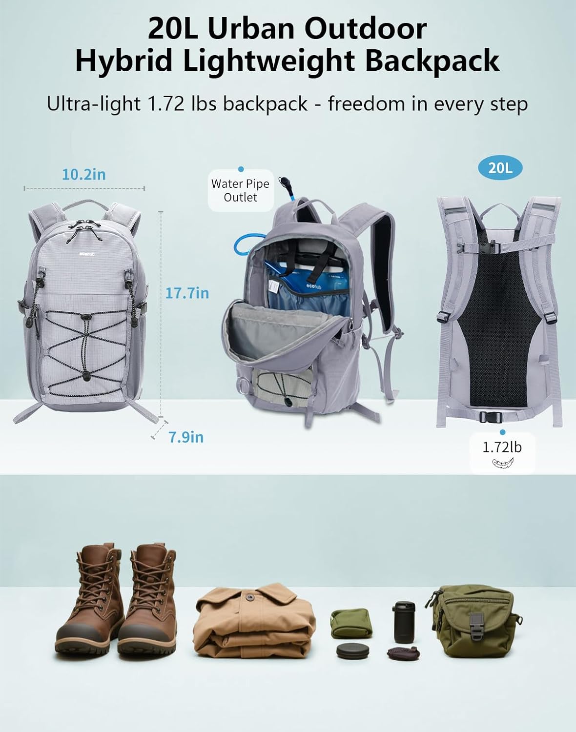 ECOHUB Small Hiking Backpack for Men Women, 20L Lightweight Travel Backpacks Water Resistant Camping Cycling Hiking Daypack