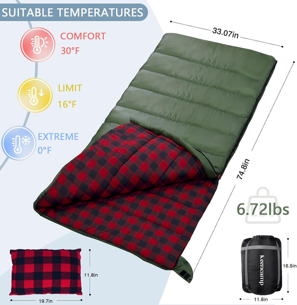 Keencamp 0 Degree Sleeping Bag Cotton Flannel Winter Cold Weather for Adults XXL Sleeping Bag 4 Season Big and Tall with Pillow Compression Sack