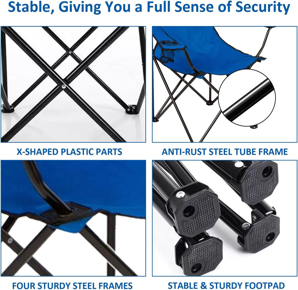 Folding Camping Chair with Cup Holder, 225lbs Capacity, Portable Foldable Chair with Large Anti-Sink Feet, PE Coated Fabric for Outdoor, Beach, Fishing, Backpacking, Blue 2PCS