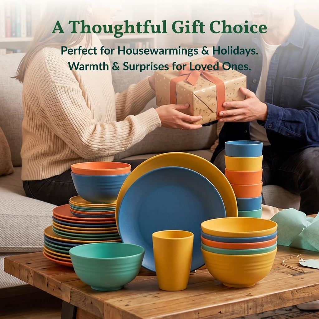 40-Piece Unbreakable Plastic Wheat Straw Dinnerware Set - Multi Color, 8-Person Dish Set for Dinner, Plates, Bowls, Cups & Appetizer Plates - Perfect for Outdoor Camping