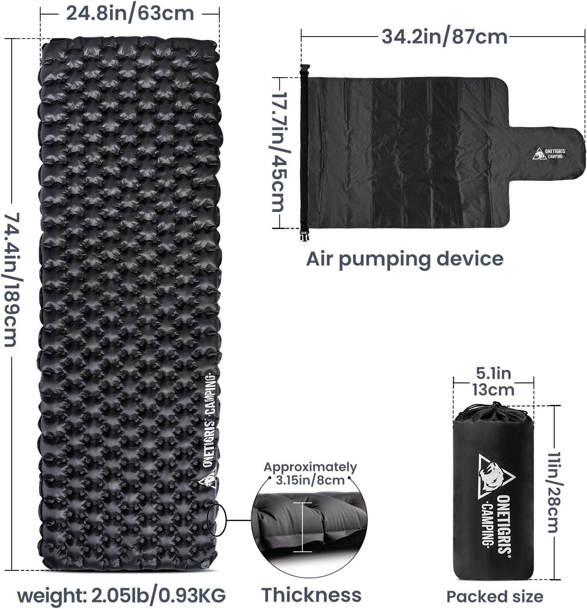 ONETIGRIS Obsidian Ultralight Sleeping Pad, 5.2R Insulated, Inflatable Camping Backpacking Sleeping Mat Weighs 2.05lb, 74.4" x 24.8"