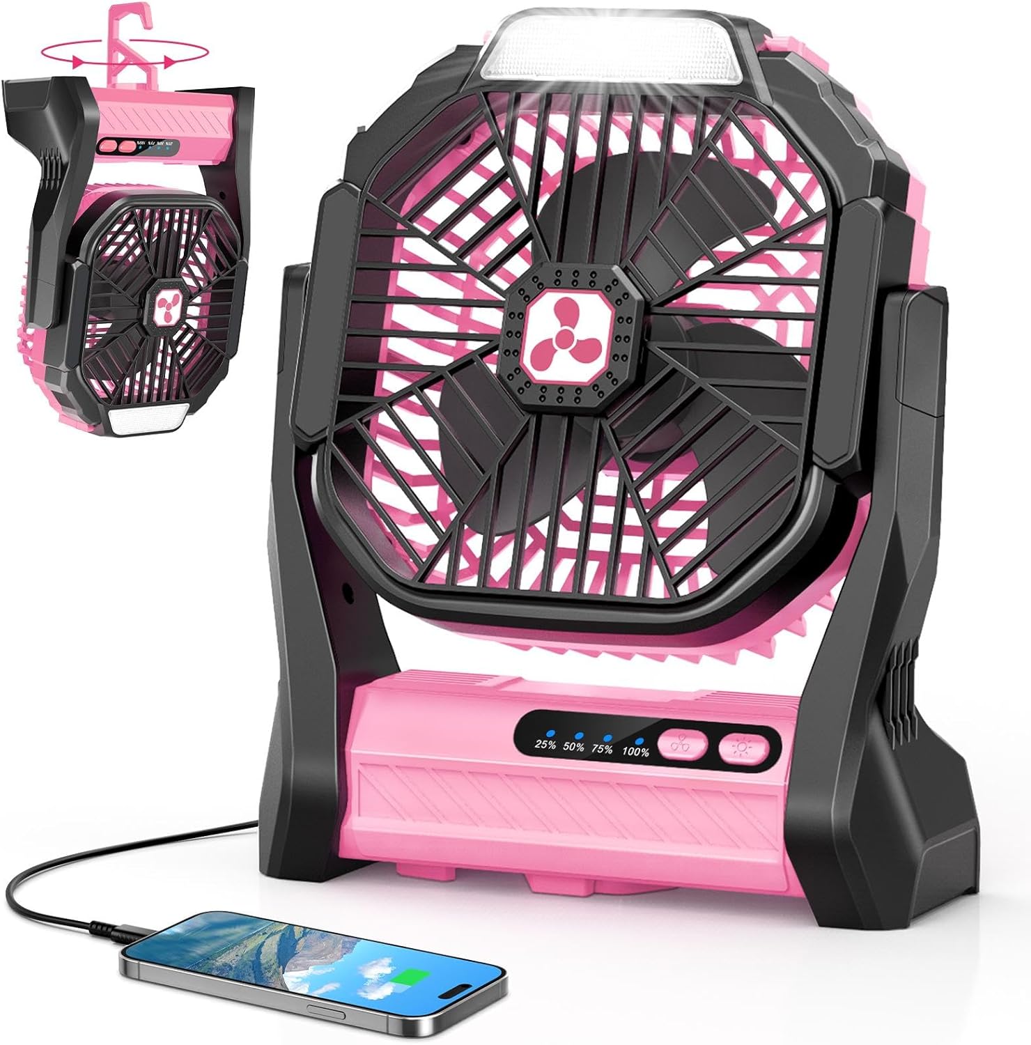 Peouix Portable Rechargeable Fan, 20000mAh Cordless Battery Powered Camping Tent Fans with LED Lantern, Operated Outdoor Ventiladores for Travel Camp Fishing Office Home Essentials