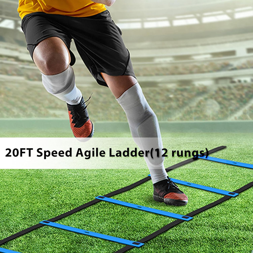 Vztipki Speed & Agility Training Equipment-20ft Agility Ladder, 6 Poles, 12 Soccer Cones, Resistance Parachute, Jump Rope, Soccer Football Basketball Sport Training Set for Kids Youth Adults