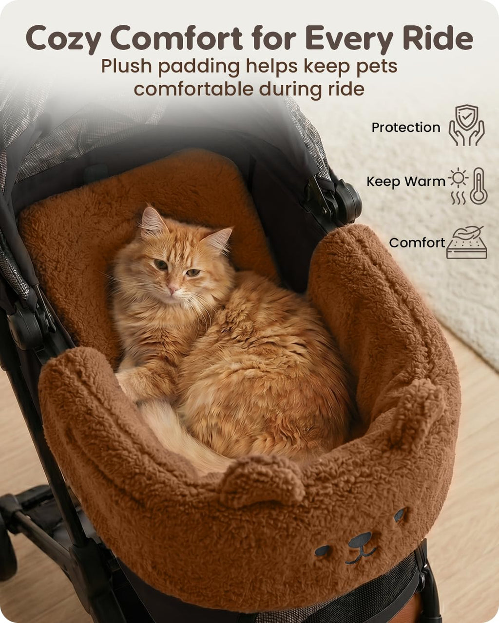 Pet Stroller Comforter Set – Ultra-Soft Cushion, Pillow & Edge Cover – Machine Washable, Protective & Cozy Liner for Dogs & Cats – Easy Install (Teddy Brown, Stroller Not Included)