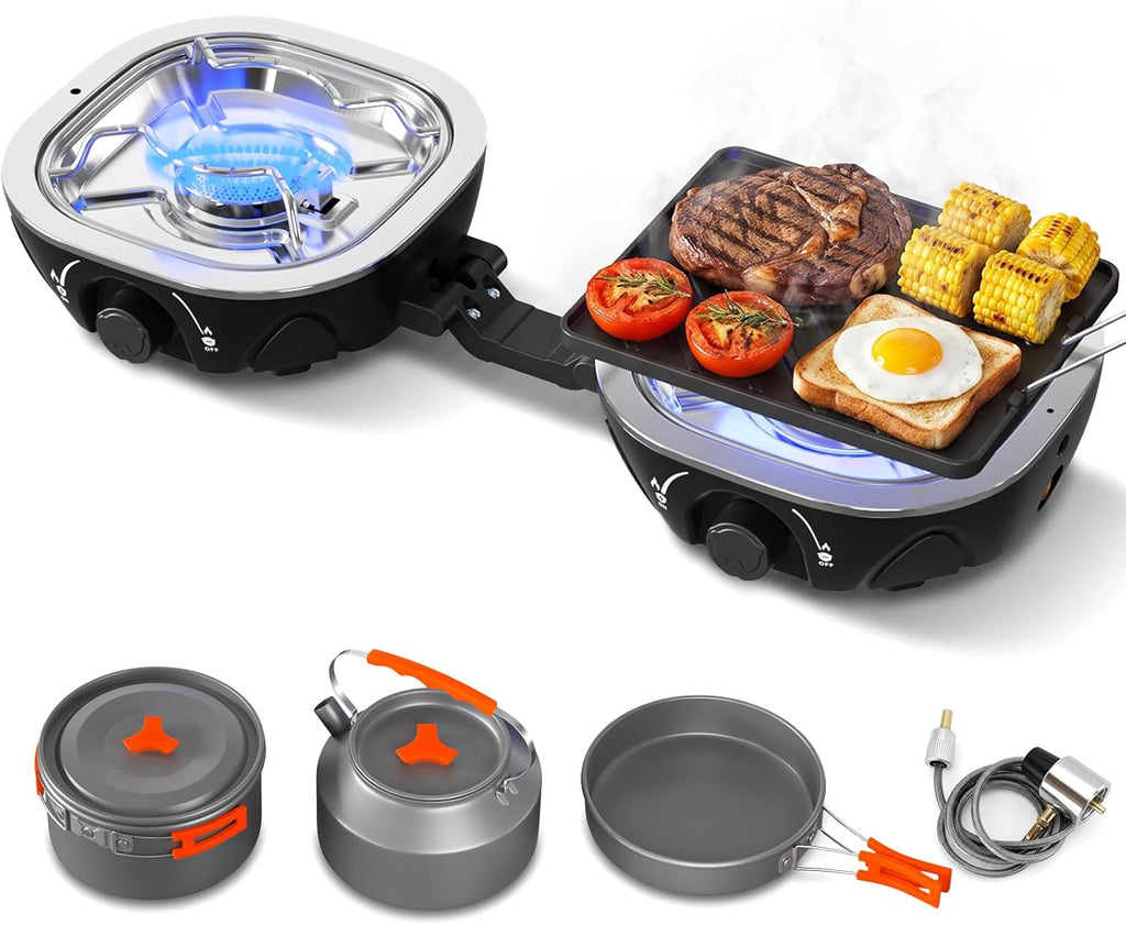 20000 BTU Propane Camping Stove with Cookware Set & Carry Bag Olive