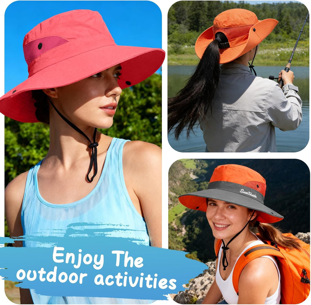 ZOORON Women's Ponytail Safari Sun Hat,Wide Brim UV Protection Bucket Hat