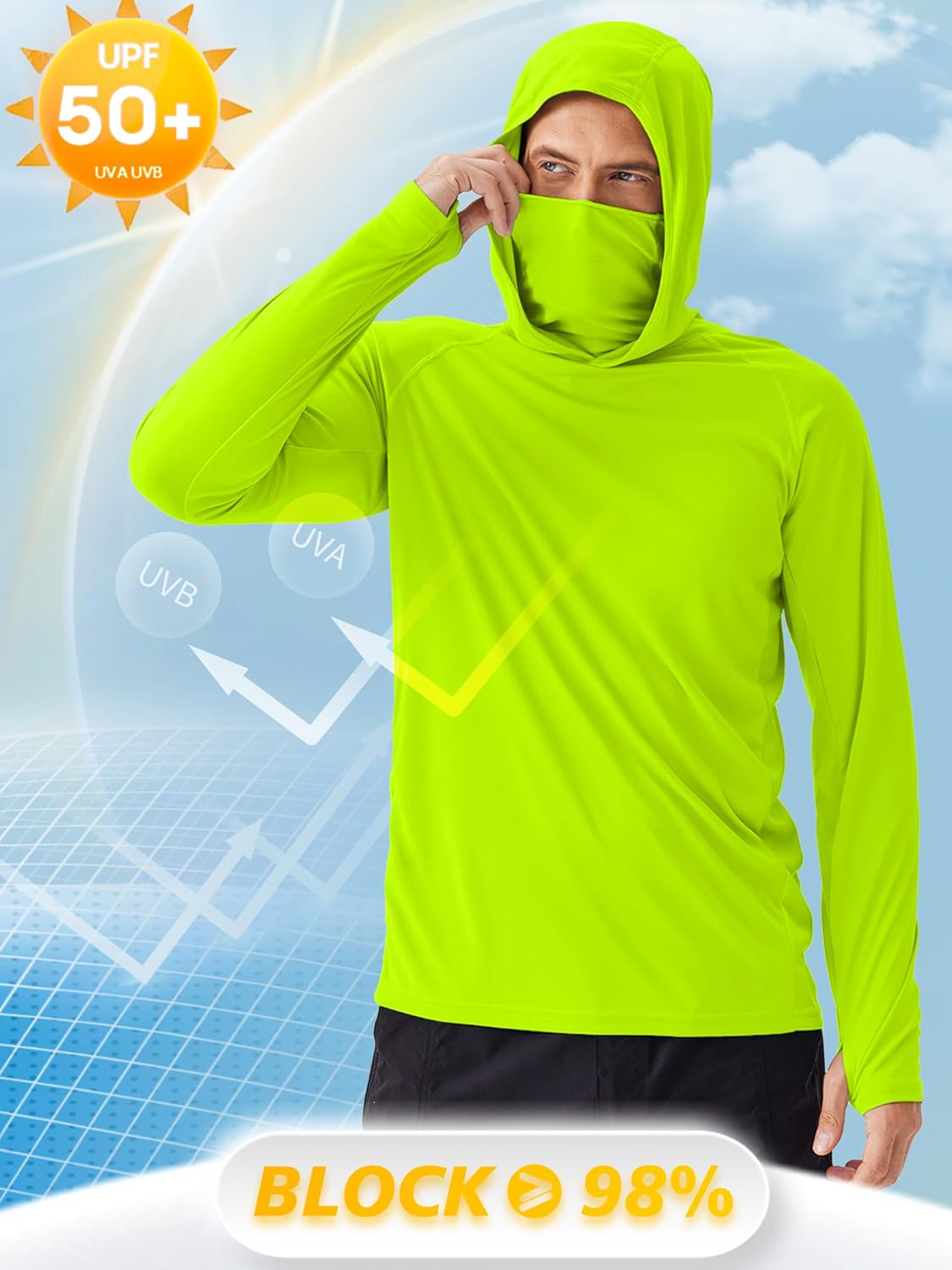 PINSPARK UPF 50+ Sun Hoodie Long Sleeve Fishing Shirts for Men with Mask