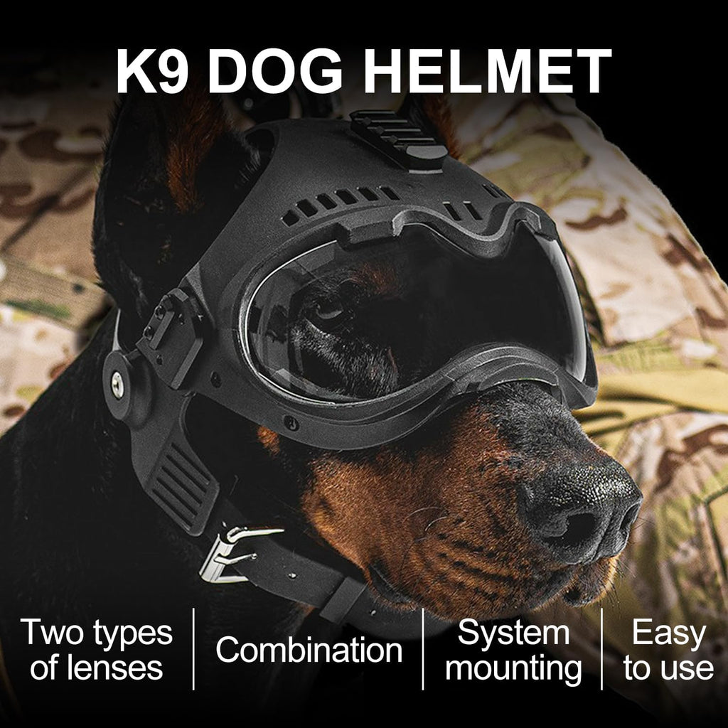 Zhongren Dog Helmet with Goggles - 2in1 Doggy Sunglasses and Pet Motorcycle Tactical Helmet Set for Medium Large Breed with Ear Holes Adjustable Straps for Outdoor Sport(Black)