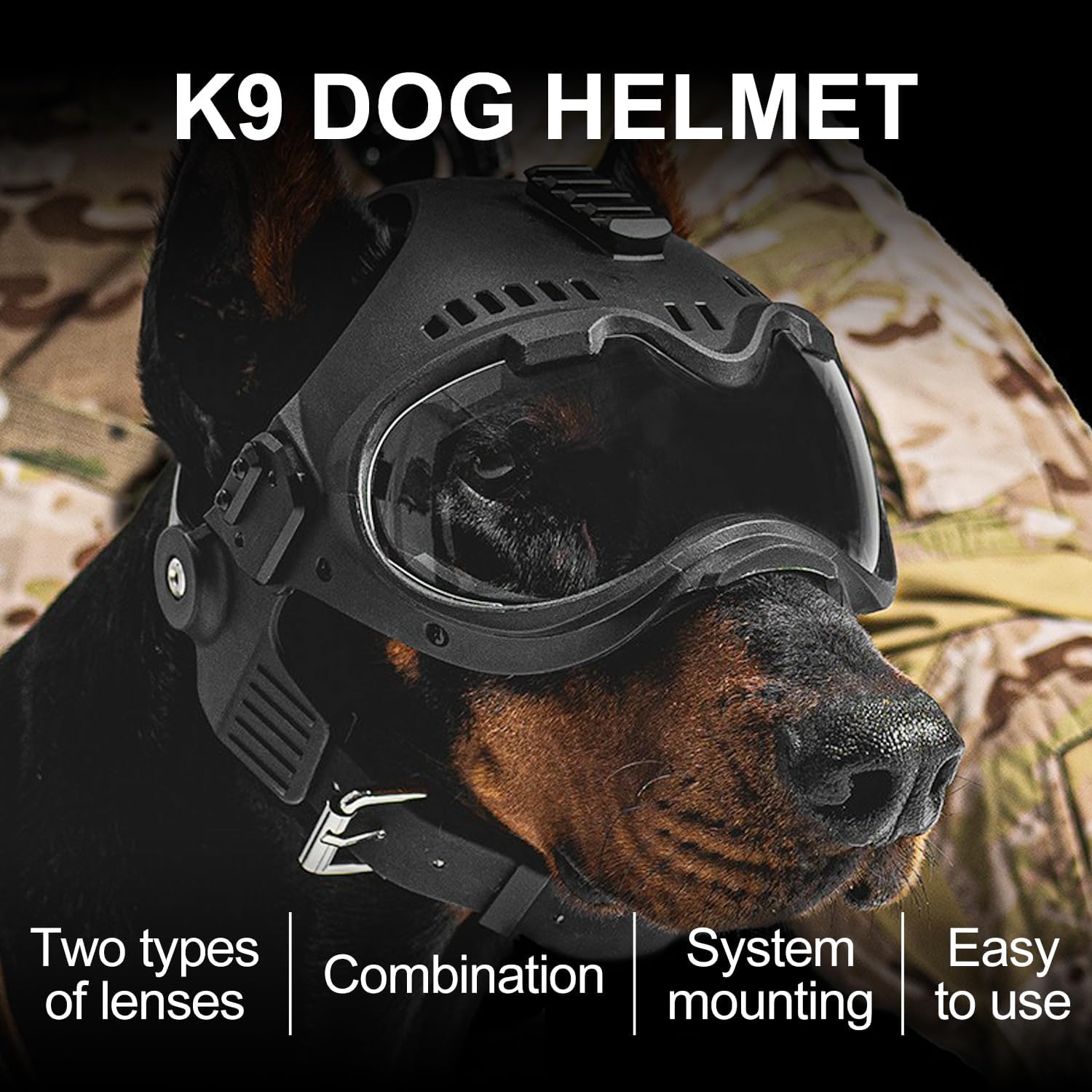 Zhongren Dog Helmet with Goggles - 2in1 Doggy Sunglasses and Pet Motorcycle Tactical Helmet Set for Medium Large Breed with Ear Holes Adjustable Straps for Outdoor Sport(Black)
