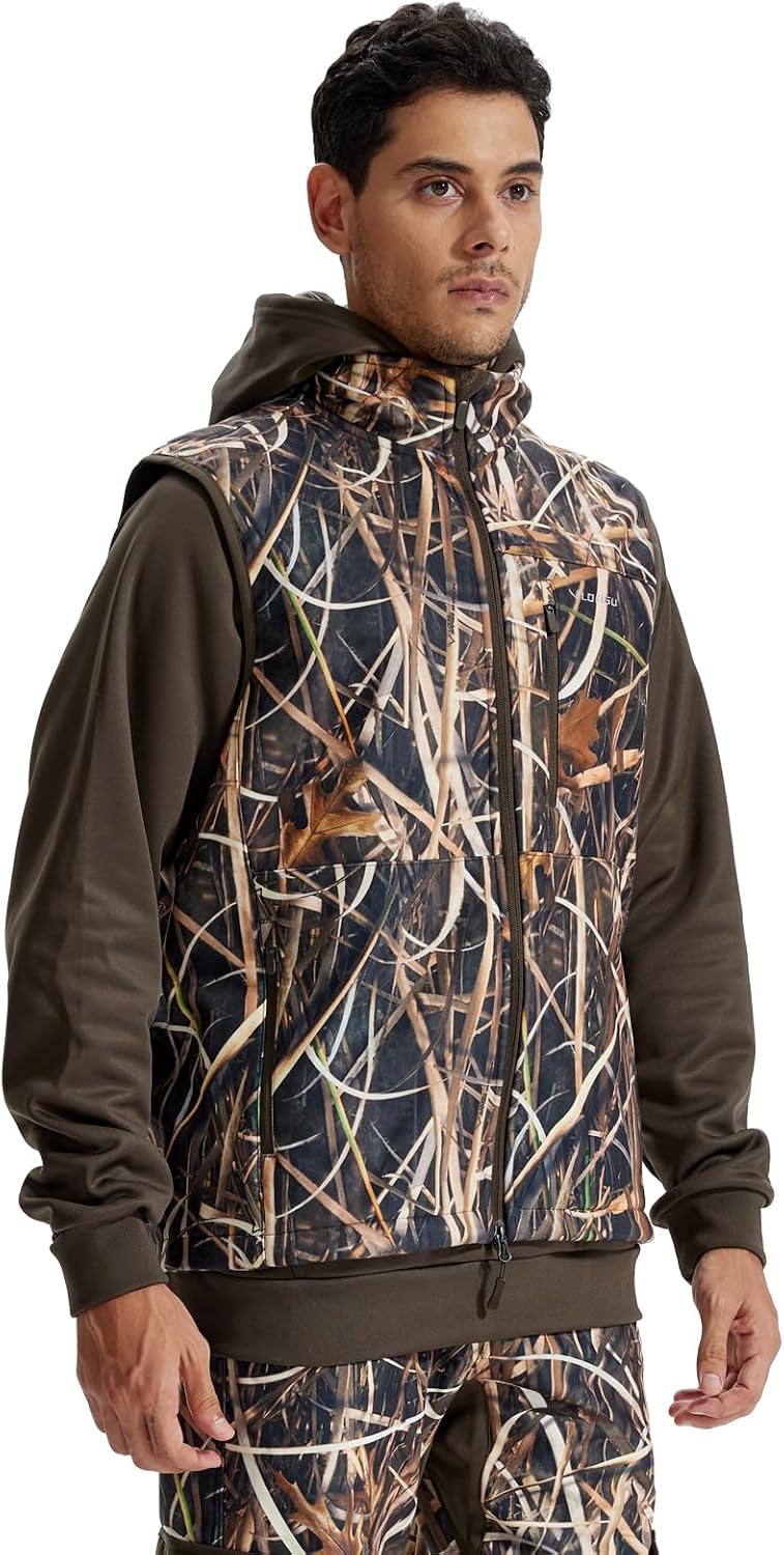 LOOGU Mens Camo Hunting Vest Water-Resistant Sleeveless Jacket with Pockets for Outdoor Fishing Hiking