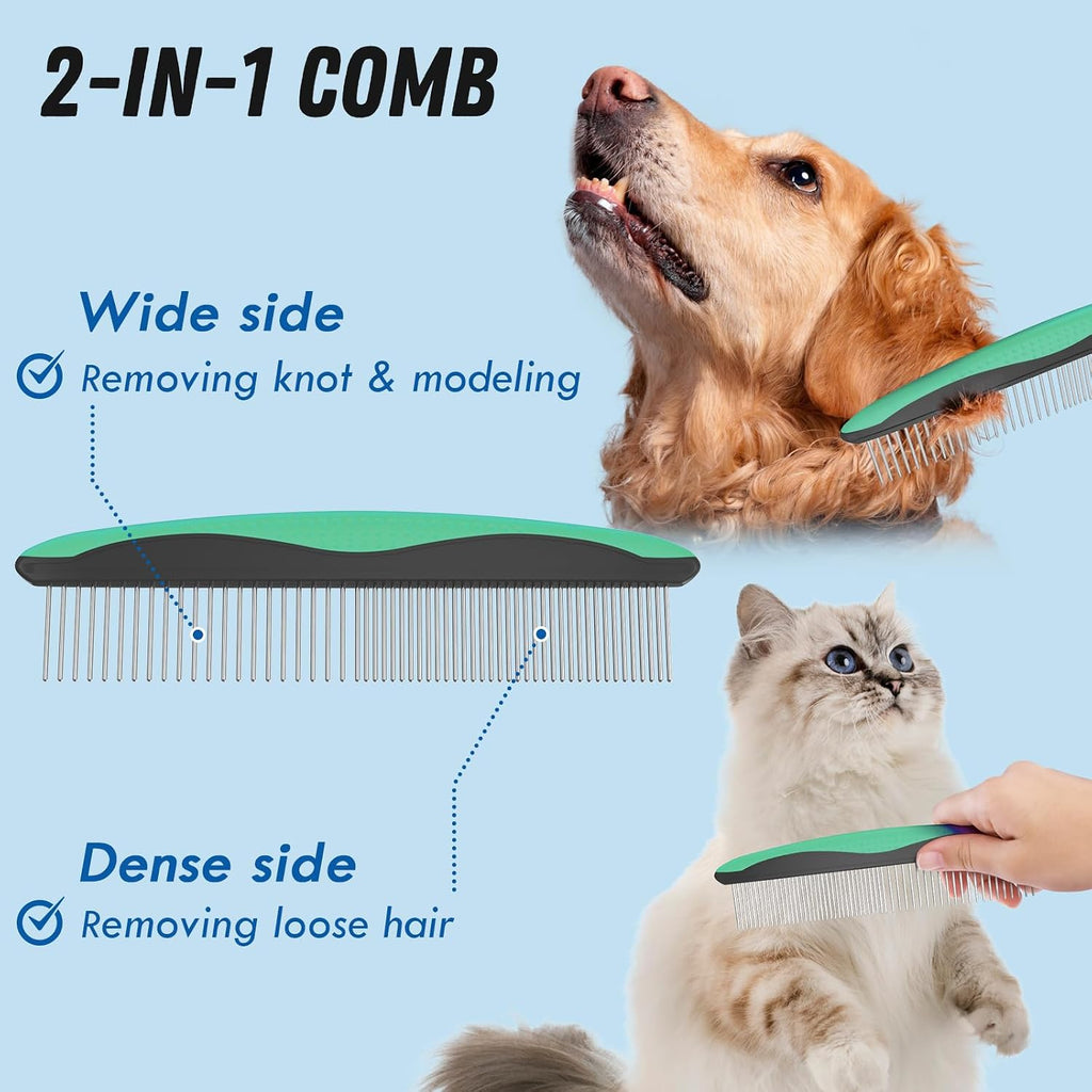 Docrok Pet Grooming Brush and Metal Comb Combo for Dogs & Cats, Green