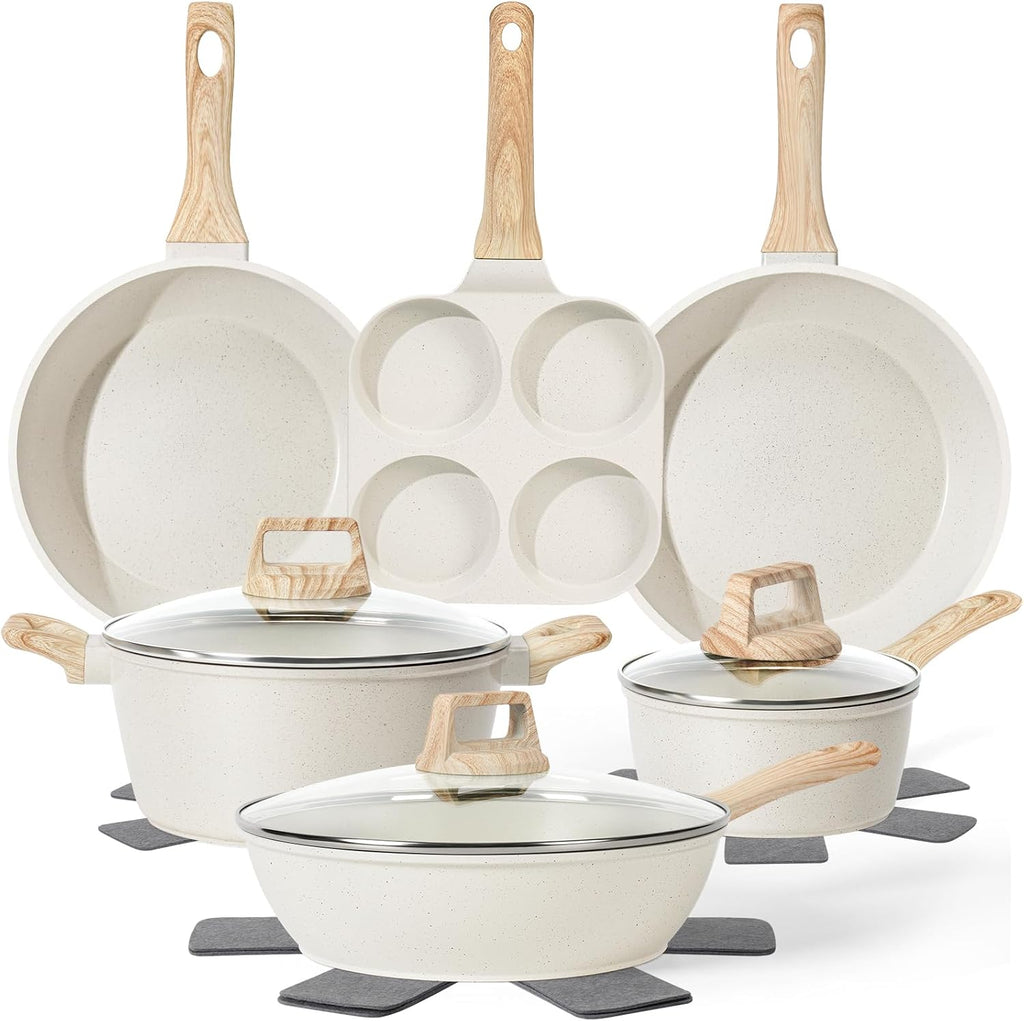 SODAY Pots and Pans Set Non Stick, 13Pcs White Granite Induction Cookware