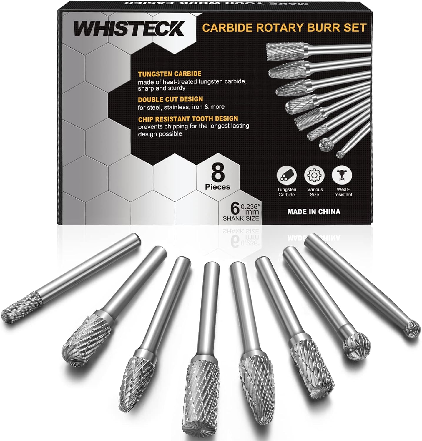 Carbide Burr Set, 8Pcs Double Cut Tungsten Carbide Rotary Burr set, 1/4 inch Shank Die Grinder Bits, Carbide Rotary File for Metal Wood Carving, Engraving, Polishing,Drilling