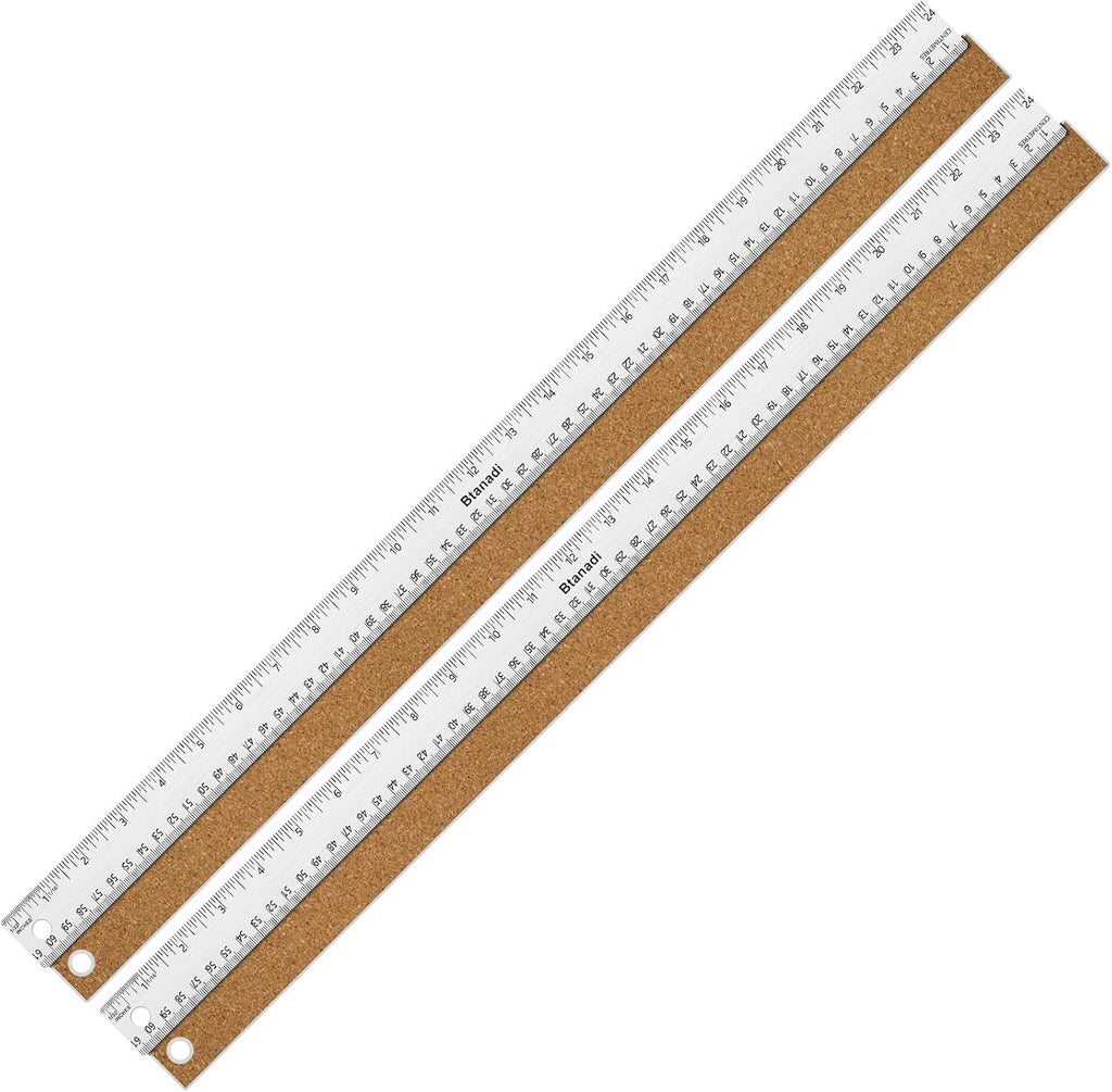 Metal Ruler 24 Inch, Non-Slip Cork Backing, Ink Bleed-Resistant Edge, 2 Pcs