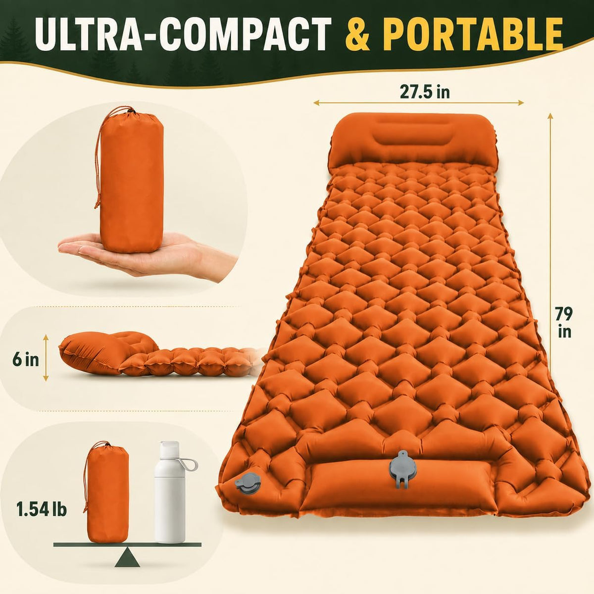 Camping Sleeping Pad, Ultralight Camping Mat with Pillow, Built-in Foot Pump Inflatable Sleeping Pads Compact for Camping Backpacking Hiking Traveling Tent