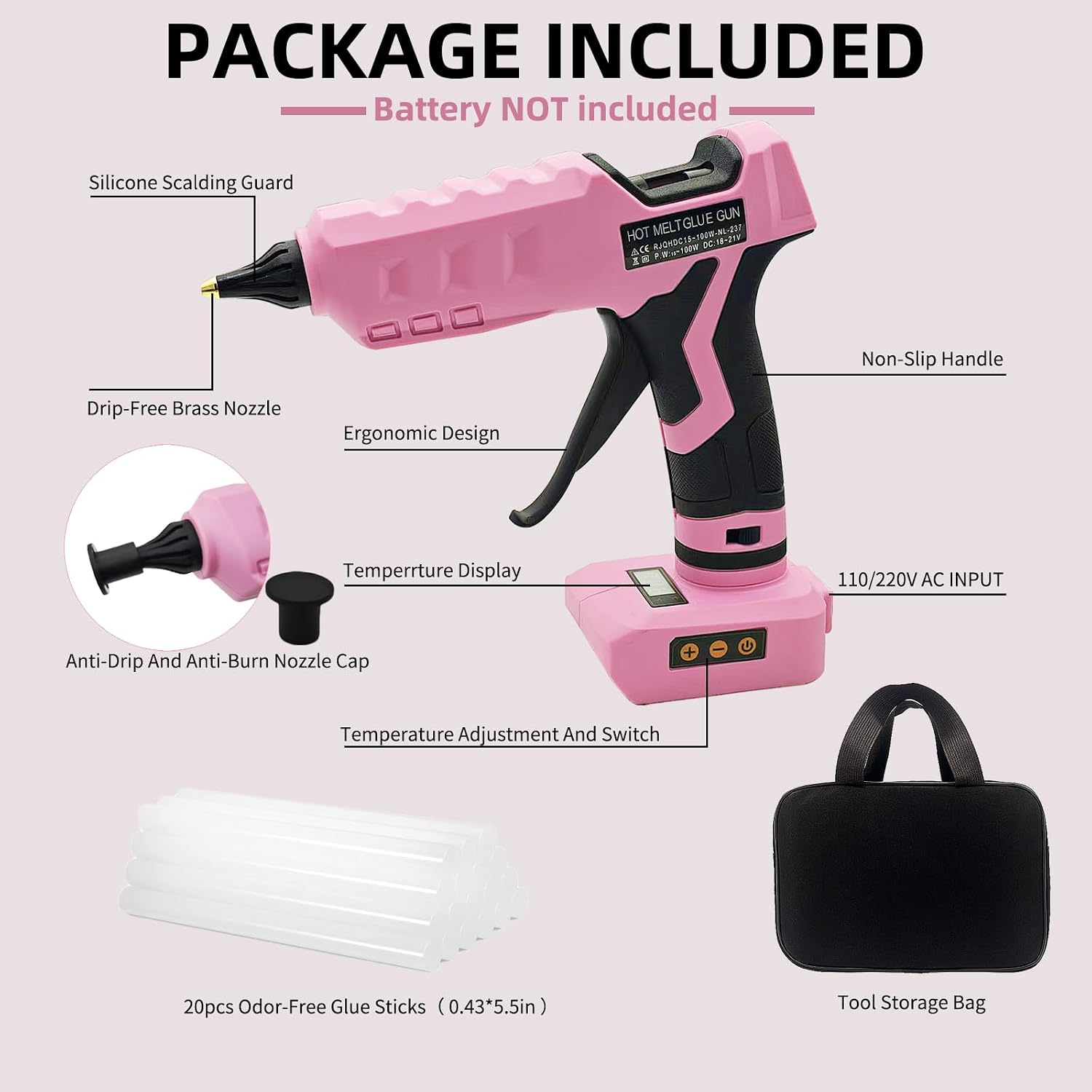 100W Cordless Glue Gun for Dewalt 20V MAX Battery- 20 Full Size Glue Sticks