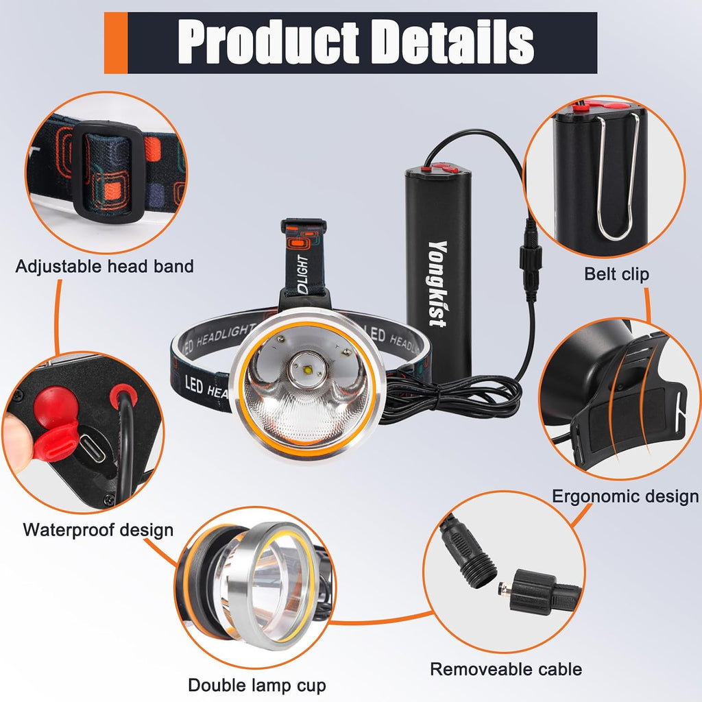 Coon Hunting Light Powerful Headlamp Super Bright LED Spotlight Rechargeable Head Torch Waterproof Flashlight for Outdoor Night Hunting, Camping, Fishing, Hiking, Running, Garden Work