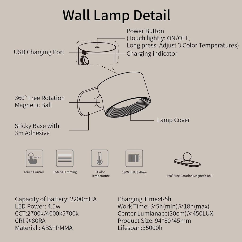 AKSDA Battery Operated Wall Sconce, LED Reading Light, 360-Degree Rotation Magnetic Mounting Rechargeable Cordless Wall Lights with Dimmable 3 Color Temps Touch Control for Bedroom Hallway, 1 Pack