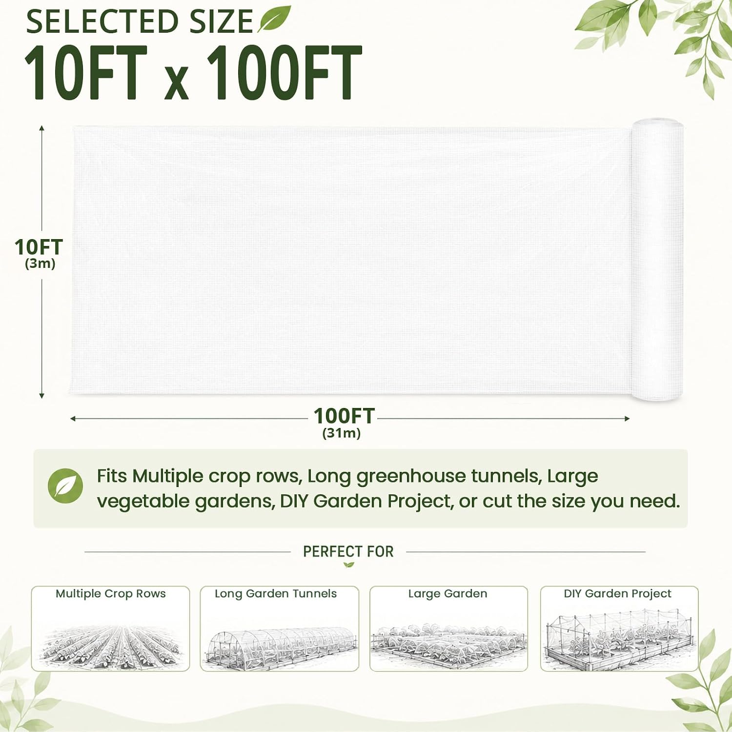 Roll Packed 10x100FT Garden Netting, Fine Mesh Insect Barrier for Plants