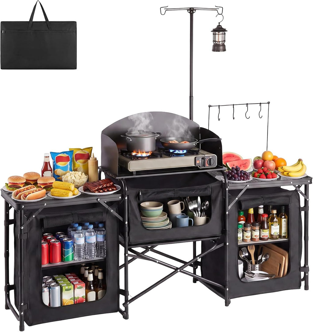VEVOR Camping Kitchen Table, Outdoor Camp Cooking Table, Portable Cook Station with Storage Cupboard, Carrying Bag, Detachable Windscreen, Quick Set-up for BBQ Party Picnic RV Travel, Black