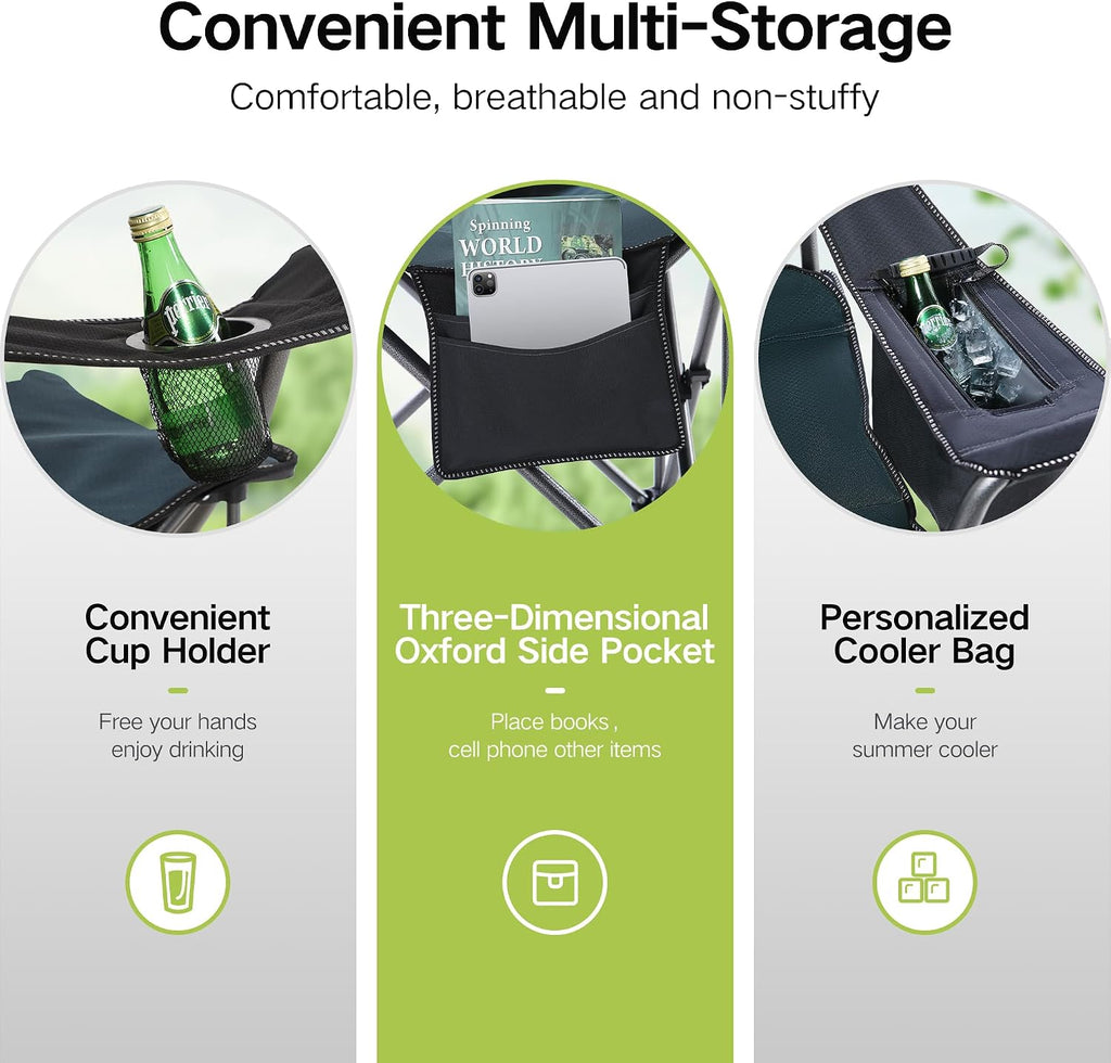 Folding Camping Chair Oversized 2 Pack Lawn Chair W/ Cooler Bag, Cup Holder