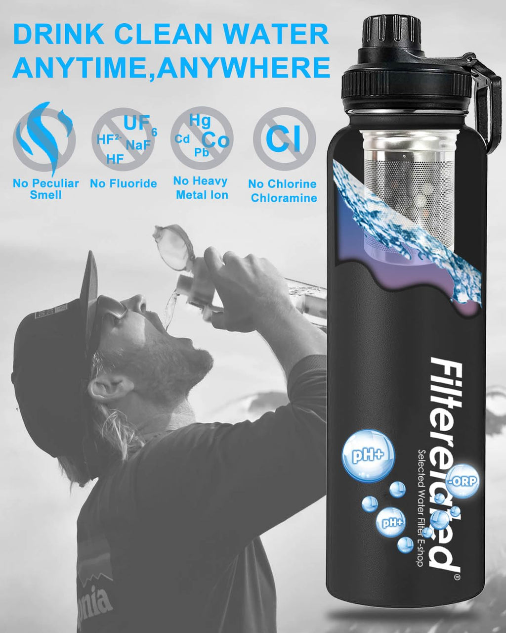 Filterelated 30oz Stainless Steel Alkaline Filter Water Bottle, Black