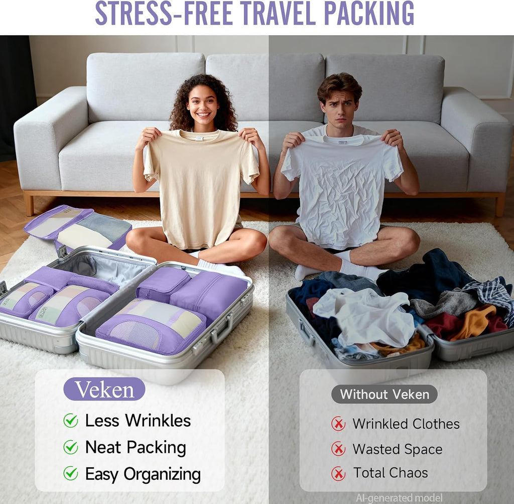 Veken 8 Set Packing Cubes for Travel Essentials,Anti-Wrinkle Buckled Suitcase Organizer for Shoe & Toiletry Bag,Carry On Luggage Bag with 99+ Count Mesh Holes for Airplane & College Dorm Accessories