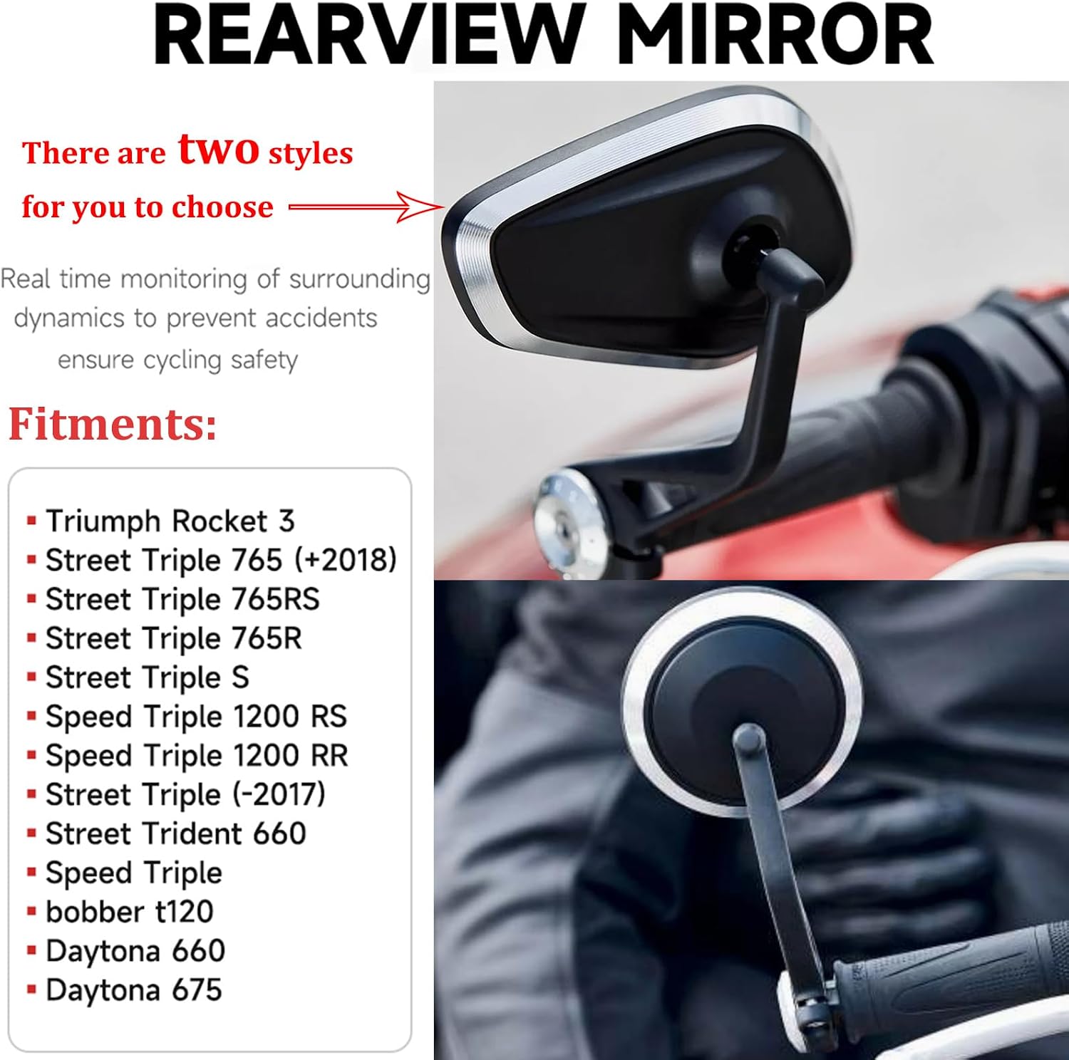 Motorcycle Handlebar Bar End Mirrors, CNC Aluminum 360 Degrees Adjustment Rearview Mirror Fit for Triumph Rocket 3/Street Triple 765RS/Bobber T120/Daytona 660 (Diamond Bar End Mirror)