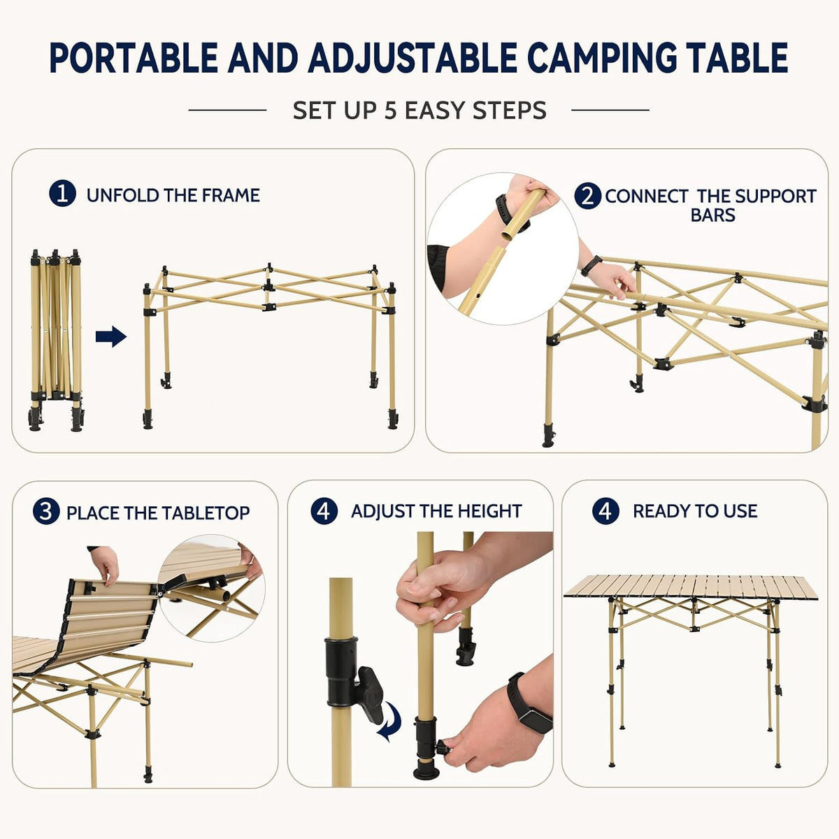 Portable Folding Camping Table, Adjustable Height, Beige, 37 x 21 in