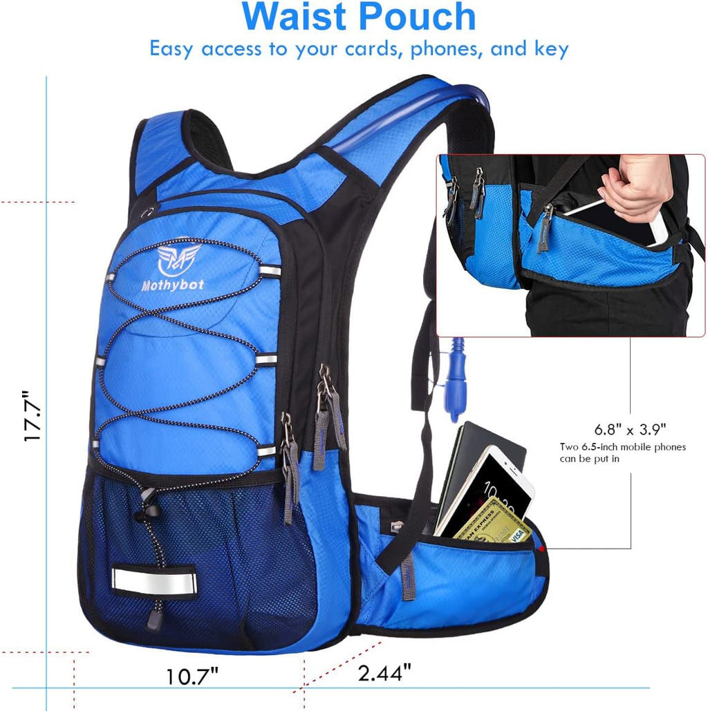Mothybot Hydration Pack, Insulated Hydration Backpack with 2L BPA Free Water Bladder and Storage, Hiking Backpack for Men, Women, Kids for Running, Cycling, Camping - Keep Liquid Cool up to 5 Hours