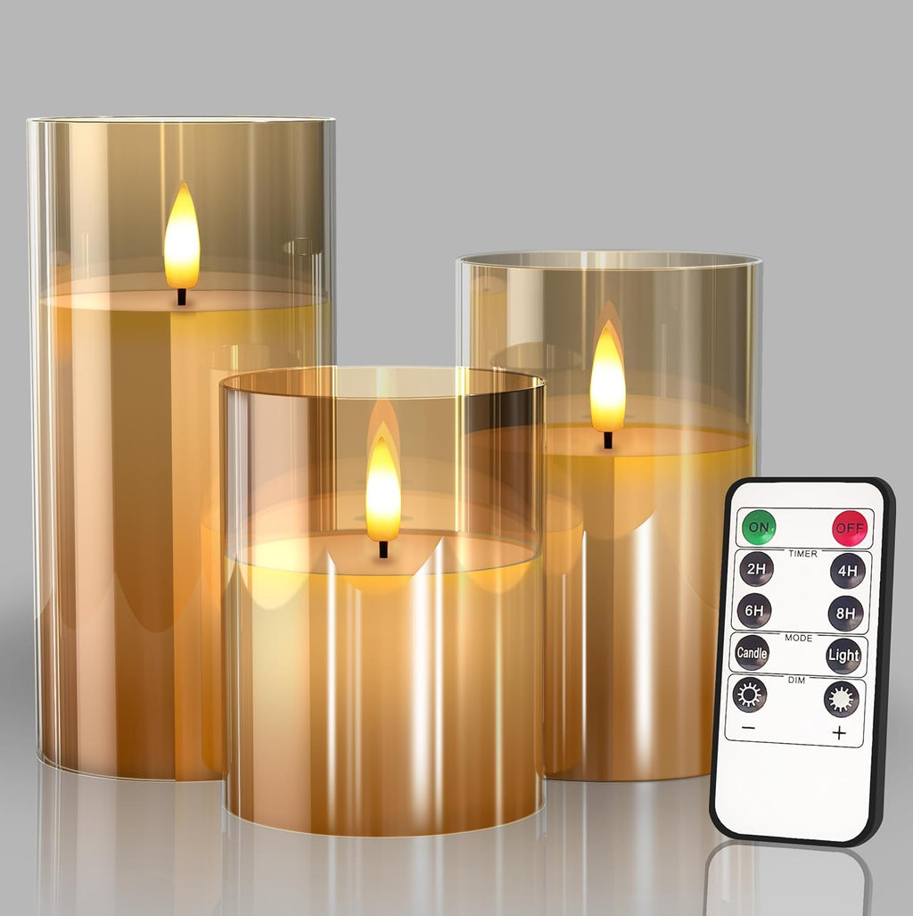 Tyawon Glass Battery Operated LED Flameless Candles with Remote and Timer, Real Wax Candles Warm Color Flickering Light for Festival Wedding Home Party Decor(Pack of 3)-Red