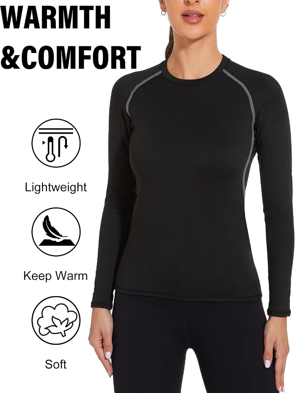 HovSiyla Womens Thermal Compression Long Sleeve Shirts Fleece Lined Tops Crew Neck Slim Fit Base Layer Ladies Underwear