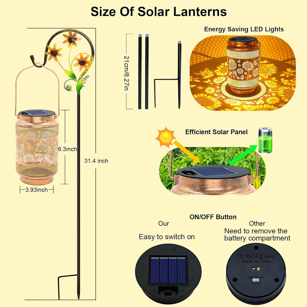 2 Pack Sunflower Solar Lanterns Outdoor Waterproof Solar Garden Decor, Birthday Gifts for Women Mom Grandma, Metal Hanging Lights with Shepherd Hook for Outside Yard Patio Pathway Backyard