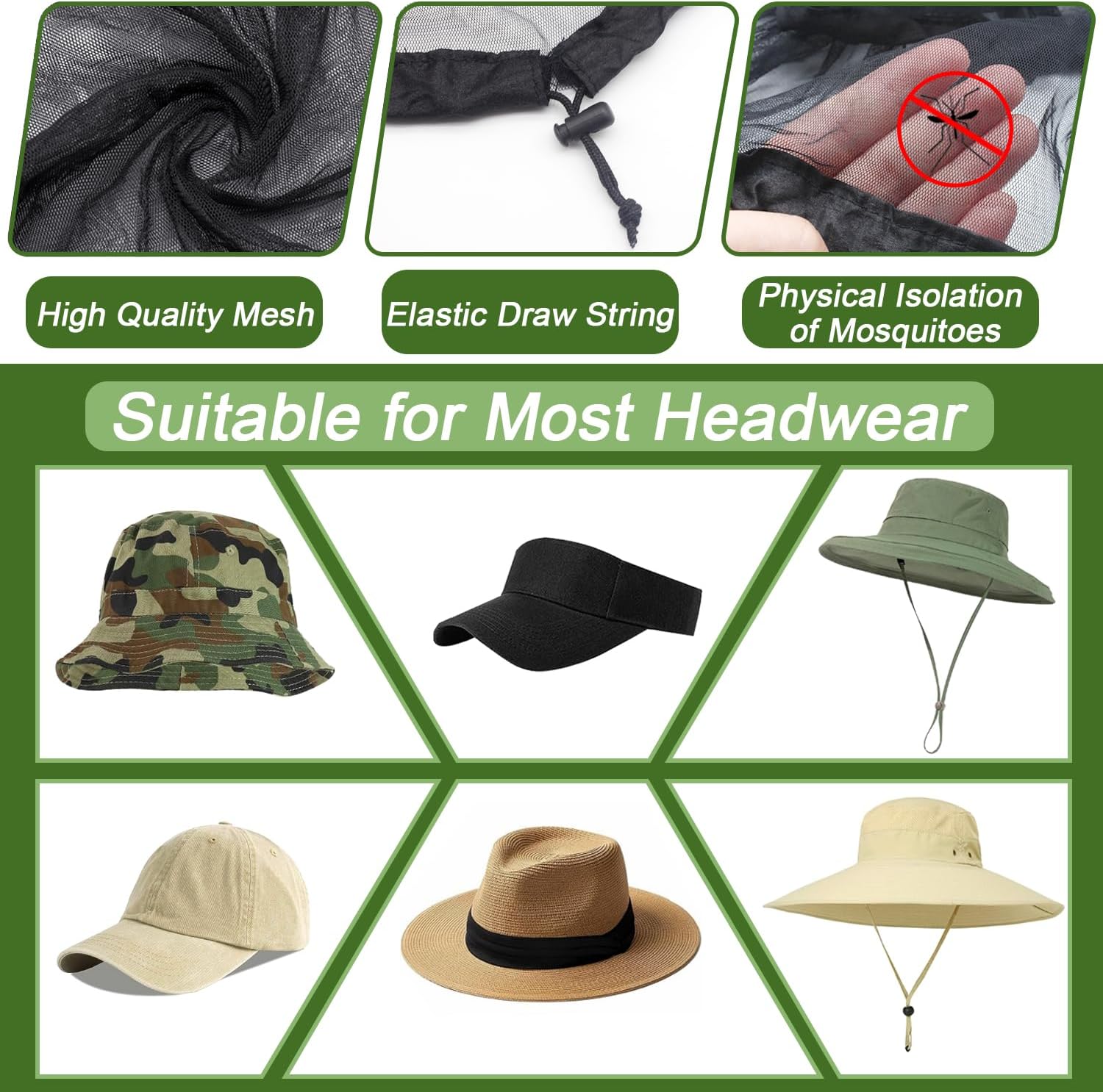 Anvin Mosquito Head Net Bug Hood for Fishing, Camping, Gardening Hat-Compatible Insect Shield Breathable Mesh Face Cover from No See Ums, Insects, Bugs(3 Pack, Upgraded One-piece Design, Black)