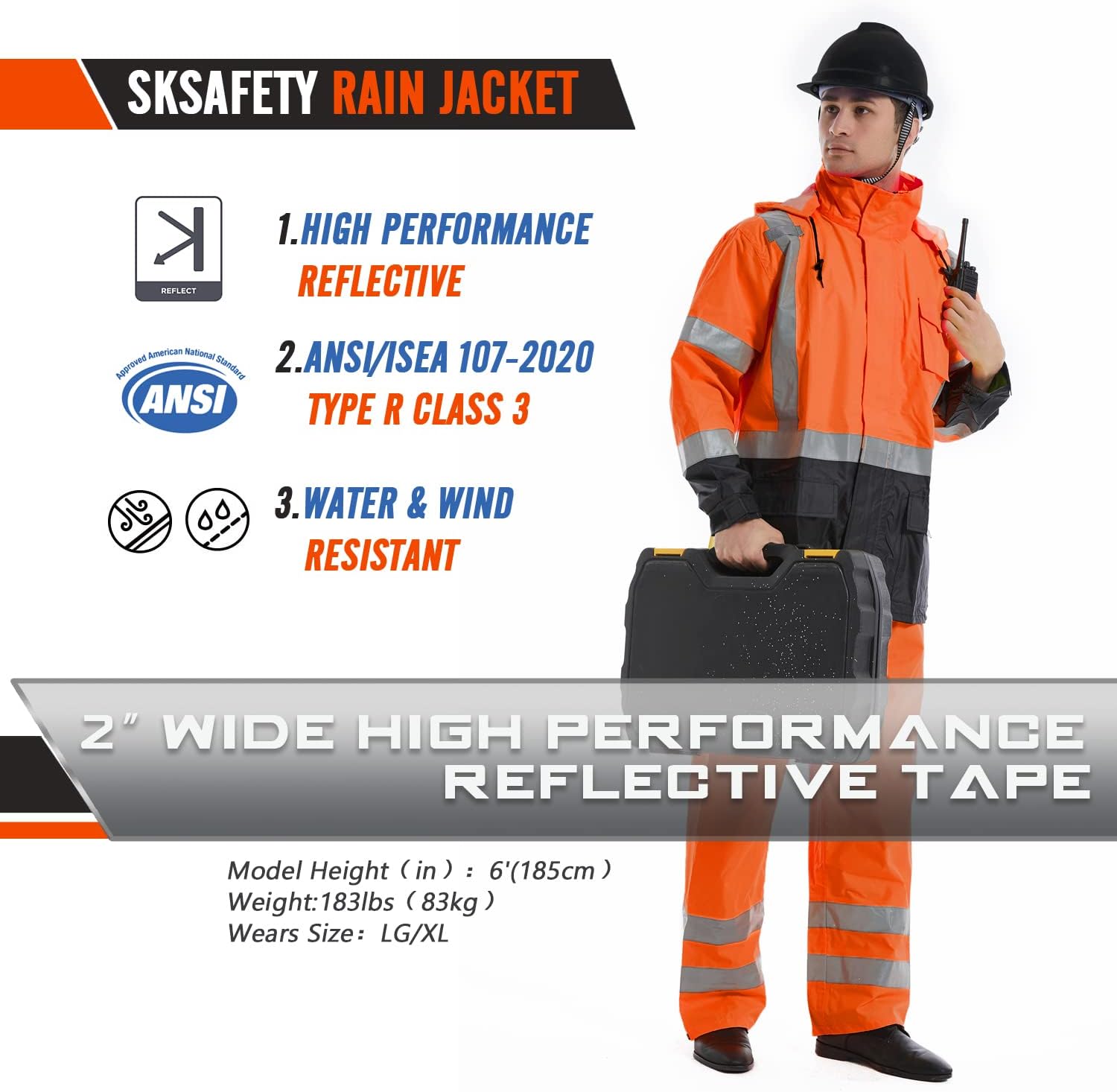 SKSAFETY Hi Vis Safety Rain Jacket for Men, Construction Work Rain Gear Heavy Duty Class 3 Rain Coat Waterproof Lightweight