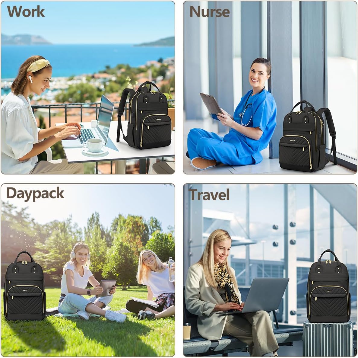 Laptop Backpack for Women Work Bag - 15.6 inch Black Travel Backpack College Backpack with USB Charger Business Office Back Pack for Teacher Casual Waterproof Bookbag for Nurses