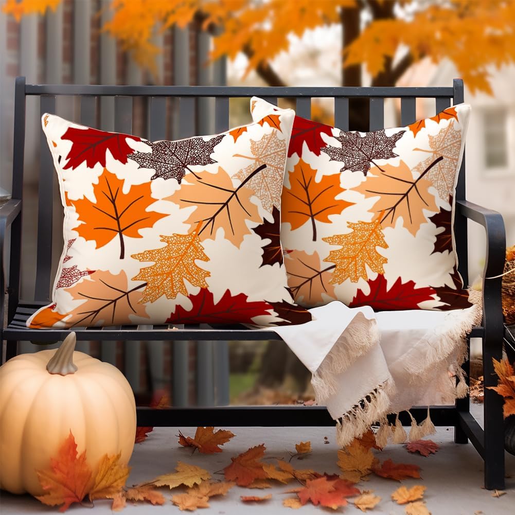 Fall Pillow Covers 18x18 Set of 2,Maple Leaves Outdoor Thanksgiving Autumn