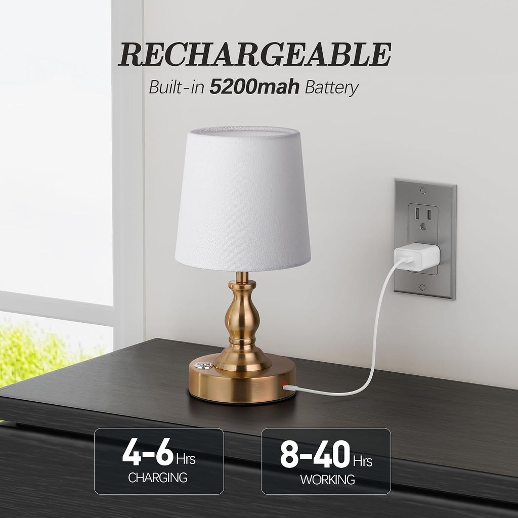 PARTPHONER Mini Cordless LED Table Lamp, 5200mAh Rechargeable Battery Operated Lamp, 3-Level Brightness, Touch Dimmable Desk Lamp, Bedside Night Light for Patio Camping Restaurant Home, Antique Brass