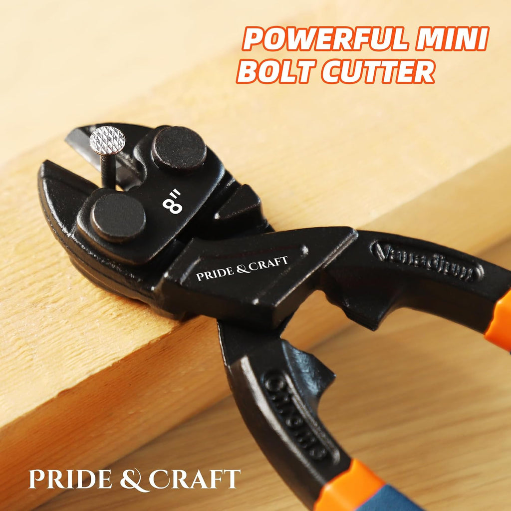 PRIDE&CRAFT 8 inches Mini Bolt Cutter Heavy Duty Cutting Tool for Wire, Chain, and Bolts, Snips Clippers with Soft Non-Slip Grip, Portable for Electricians, DIY Enthusiasts (Mini Bolt Cutter, 8 Inch)