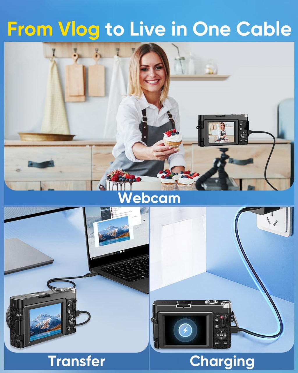 2026 Upgraded 4K Digital Camera 64MP WiFi 180° Flip Screen Autofocus, Black
