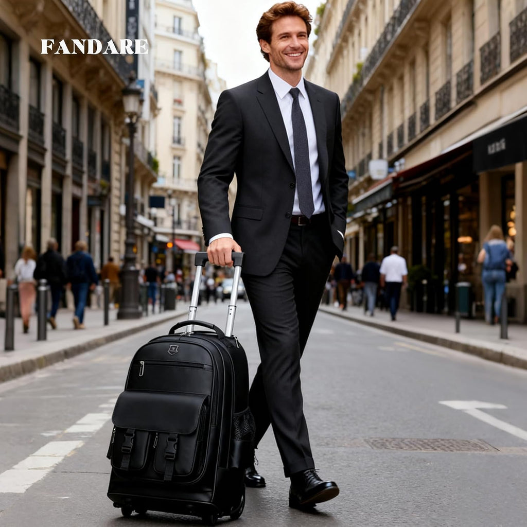 FANDARE Rolling Laptop Backpack Convertible Luggage Backpack with Wheels Travel Daypacks Multi-Functional Carry-On for Business Trip Men Lifestyle Outdoor Urban Waterproof PU Film Backpacks Black